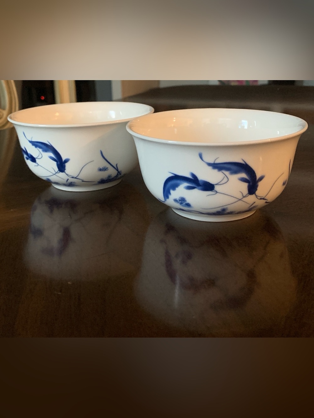 Asian Blue & White Bone China Rice Bowls, Two, Exquisite Fish Design EUC